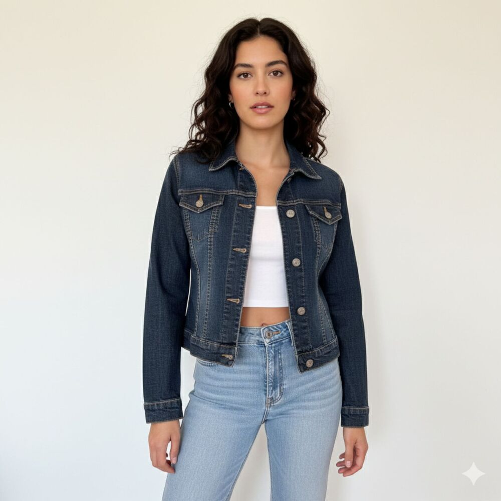 Twentyone Forever 21 Y2K Slim Fit Blue Denim Jean Jacket Dark Wash Aesthetic L